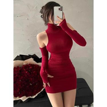 Imagem de Vestido Feminino De Verão Com Gola Alta, Manga Longa, Saia Plissada E 