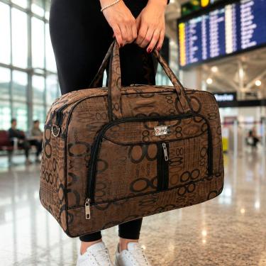 Imagem de Bolsa de Viagem 50cm X 32cm X 18cm em Poliéster com Alça Estampada e Fechamento por Zíper Modelo Bolsa de Viagem Marrom