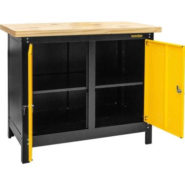 Imagem de Bancada para Ferramentas 58510 com Tampo de Madeira Resistente Fechadura Amarelo Vonder 110CM 110X92X60CM