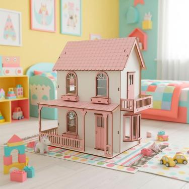 Imagem de Casinha de Boneca Miniatura em MDF Rosa e Branco Design Delicado para Barbie 38CM