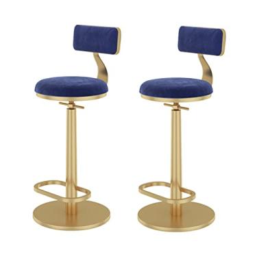 Imagem de Conjunto De 2, Backrest Cadeiras, Ajustável Altura Cozinha Ilha Bar Banquetas, Cadeiras De Jantar Swivel, Flanela De Ferro Forjado Com Pés, Altura: 24"- 33" (Color : Blue)