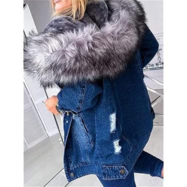 Imagem de Jaqueta Bomber com Capuz Grosso Jaqueta de Inverno Quente Feminina Plus Size, Jaqueta Jeans Sintética, Azul, XXG, Moderno