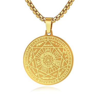 Imagem de FLYUN Colar com pingente de sete arcanjos para homens e mulheres proteção amuleto arcanjo Michael moeda colar com pingente Gabriel Uriel colar de medalha espiritual de aço inoxidável 61 cm, Aço