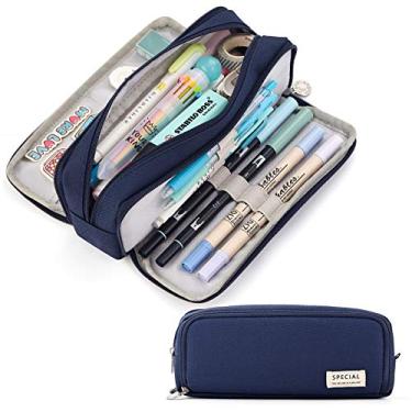 Imagem de Estojo de lápis de grande capacidade com 3 compartimentos bolsa para caneta para escola adolescente menina menino homens mulheres (preto)(Marinha)