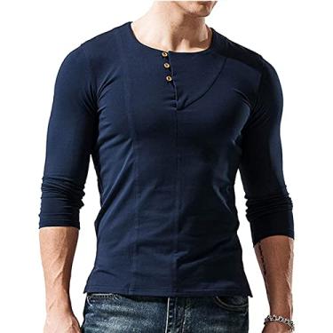 Imagem de NJNJGO Camisetas Henley de manga comprida para homens, camisetas básicas de 3 botões casuais slim fit leve Henley, Azul marino, XXG