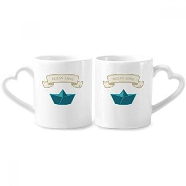 Imagem de Conjunto de canecas de porcelana para casais, barco à vela de papel dobrável oceano amor oceano amor coração alça