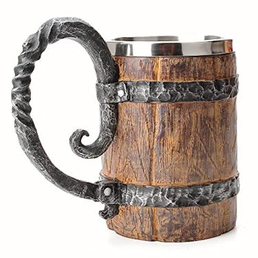 Imagem de OTARTU Caneca de cerveja vintage de madeira de carvalho sintética, caneca de cerveja de aço inoxidável Viking retrô medieval, caneca de copo de 500 ml