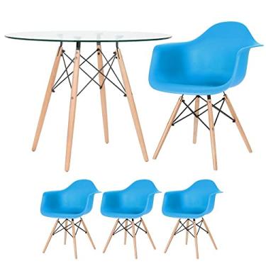 Imagem de Mesa redonda Eames com tampo de vidro 100 cm + 3 cadeiras Eiffel DAW Azul céu