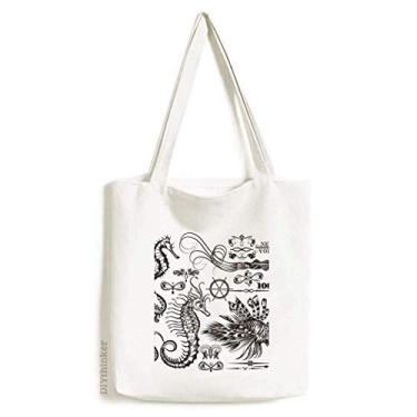 Imagem de Bolsa de lona preta com ilustração de vida marinha hipocampo bolsa de compras casual bolsa de mão
