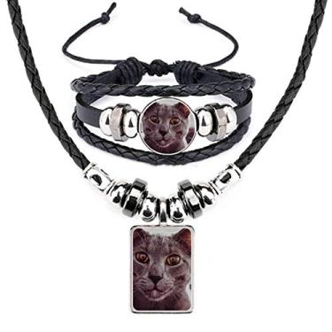 Imagem de Animal Grande Olho Cinza Gato Fotografia Colar Pulseira Conjunto de Joias