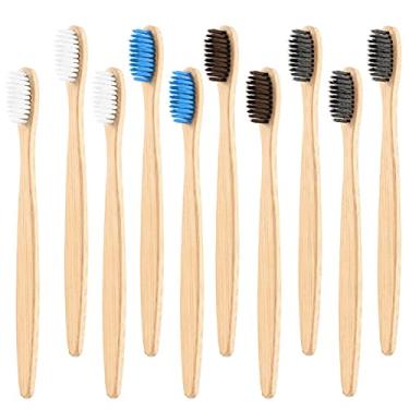 Imagem de Escovas de dentes de bambu, 10 peças biodegradáveis | Ecológicas | Escova de dentes de bambu natural livre de BPA, escova de dentes de cerdas macias para uso em família, viagens, oficina
