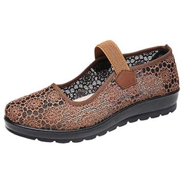 Imagem de missfiona Sapatos de dança femininos vazados Granny Walk respirável e sola macia Mary Jane, Marrom, 38