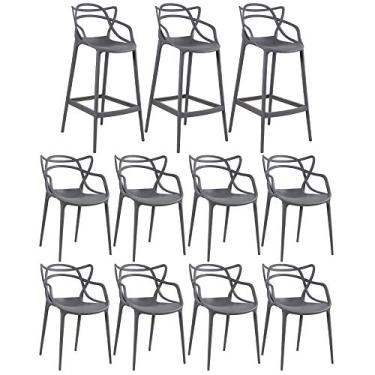 Imagem de Loft7, KIT - 8 x cadeiras + 3 x banquetas altas Masters Allegra - Cinza escuro