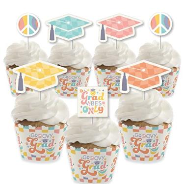 Imagem de Big Dot of Happiness Groovy Grad – Decoração de cupcakes – Kit de formas hippie para festa de formatura e palitos de petiscos – Conjunto de 24