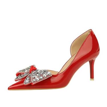 Imagem de YGJKLIS Salto agulha feminino 7,5 cm salto alto com laço brilhante sapatos de formatura sapatos de casamento sapatos de noiva, Vermelho, 5.5