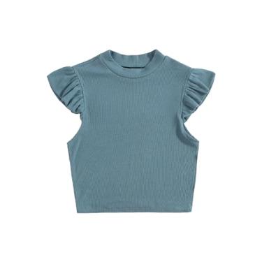 Imagem de OYOANGLE Camiseta feminina de malha canelada manga cavada gola falsa acabamento babados camisetas casuais sólidas, Azul, 13 Anos
