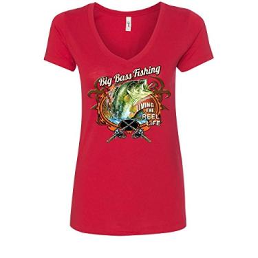 Imagem de Camiseta feminina com gola V Big Bass Fishing Living The Reel Life Fisherman Spinning, Vermelho, P