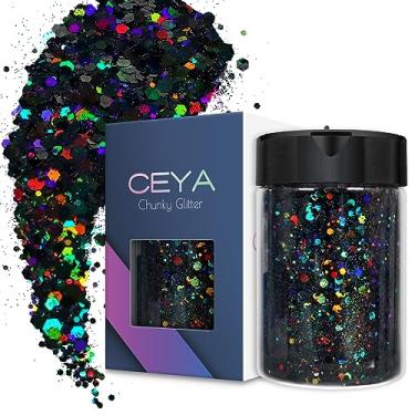 Imagem de Ceya Glitter grosso holográfico, 100 g de pó de glitter para artesanato preto misto de flocos finos iridescentes para arte de unhas, cabelo, resina epóxi, copos, geleca, pintura, decoração de festivais