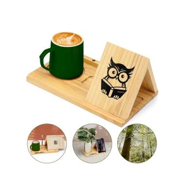 Imagem de Teppellze Suporte de página de livro triangular, pequeno, curto, sólido, para leitura de escritório, com suporte para bebidas, mini estante de livros, decoração de mesa para quarto ou biblioteca,