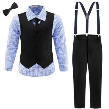 Imagem de Conjunto de roupas formais para meninos, smoking e calça xadrez, suspensórios, para meninos adolescentes, Conjunto de calça colete preta, 4