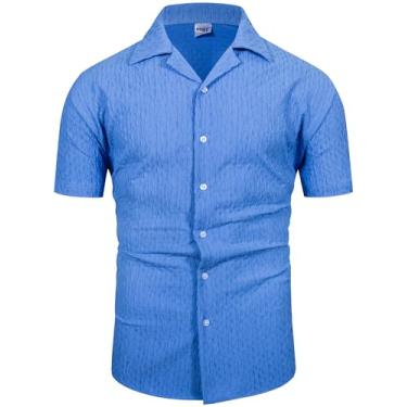 Imagem de MOHEZ Camisa masculina casual de botão, manga curta, gola cubana, praia, verão, texturizada, solo, férias, Azul 03, M