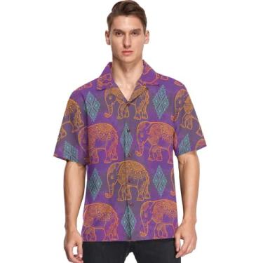 Imagem de visesunny Camisa masculina casual de botão manga curta havaiana estilo étnico elefante retrô Aloha, Multicolorido, G