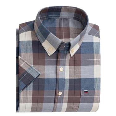 Imagem de Cromoncent Camisa Oxford masculina de algodão de manga curta, Xadrez marrom azul, P