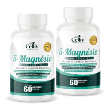Imagem de Kit Com 02-5-Magnésios (Bisglicinato, Malato, Taurato, Óxido e Sais de Magnésio) 60 Caps 500mg Celliv