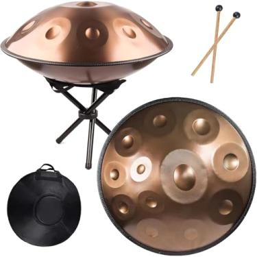 Imagem de Tambor de mão de 22 polegadas, D menor 9/10/12 notas Tambores de mão de aço com saco de tambor de mão, 2 marretas, suporte de tambor de mão, 432Hz/440Hz Handpan percussion ument, ouro - 12 n
