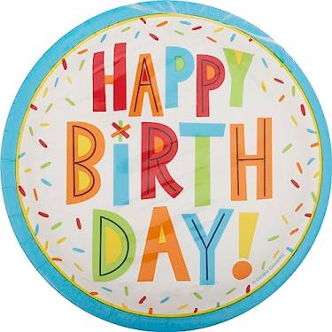 Imagem de Creative Converting Pratos de papel de sobremesa divertidos de feliz aniversário de 18 cm com confetes coloridos - 8 peças