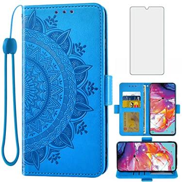 Imagem de Asuwish Capa tipo carteira compatível com Samsung Galaxy A70, vidro temperado, suporte para cartão de crédito, alça de pulso, suporte para celular para Glaxay A70S A 70 Gaxaly 70A S70 masculina, azul