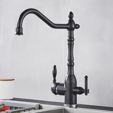 Imagem de Torneira de cozinha com filtro de latão antigo, torneira de cozinha com água potável pura, montada no deck, alças duplas, misturador de água quente e fria de 3 vias, preto fosco