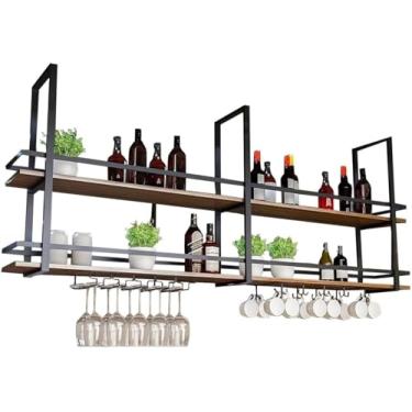 Imagem de Prateleira de teto - Suporte para copo de vinho suspenso no teto de 2 camadas, rack de armazenamento suspenso para cozinha, suporte para copo de vinho de madeira maciça montado na parede com