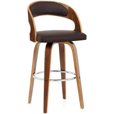 Imagem de Bancos de bar giratórios de madeira maciça, bancos de bar de altura alta com encosto, banco de bar de couro PU para ilha de cozinha, bancos de bar estofados com apoio para os pés, cadeiras d