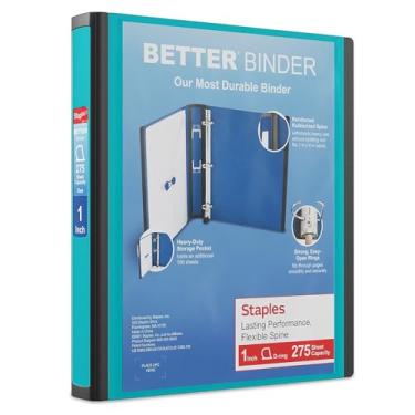 Imagem de STAPLES Melhor fichário com 3 anéis D de 2,5 cm – comporta até 275 folhas, resistente com design amplo, 1 bolso interior, perfeito para relatórios e projetos