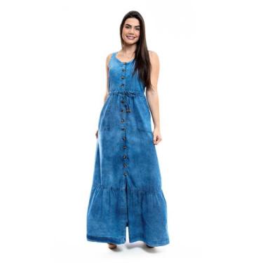 Imagem de Vestido Jeans alça Longo Barra Franzida  - RESTRITO JEANS, 36, Azul mé