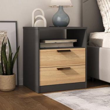 Imagem de Mesa de Cabeceira Divino 2 Gavetas 100% Mdf Preto/Olmo - Manbel, Preto