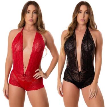 Imagem de Kit 2 Body Feminino De Renda Transparente Decotado Costa Nua Uma Alça 
