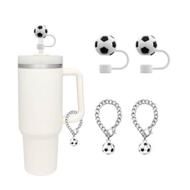 Imagem de Capa de palha de bola de futebol para Stanley Cup 30 e 1,134 g com alça, 2 peças de topo de palha de silicone fofo de 10 mm para copos com 2 peças de pingentes personalizados de bola de rugby,