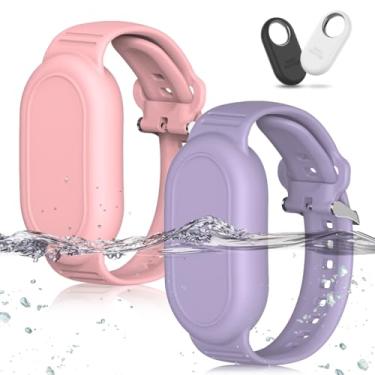 Imagem de BIQIRE [Pacote com 2] Pulseira compatível com Samsung Galaxy SmartTag 2 (2023), pulseira de silicone macio Smart Tag 2, capa para crianças pequenas (rosa + roxo)