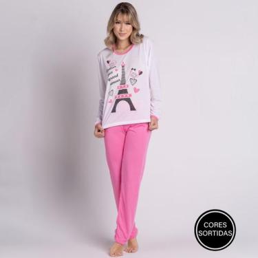 Imagem de Pijama Feminino Longo Malha Inverno Barato Blusa Frio Manga Longa e Ca