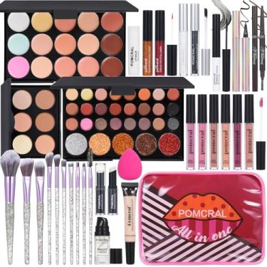 Imagem de Kit de maquiagem para mulheres, kit completo de sombra, delineador, batom, pincéis de maquiagem, rímel, lápis de sobrancelha, corretivo, pó facial, primer, conjunto de maquiagem para meninas