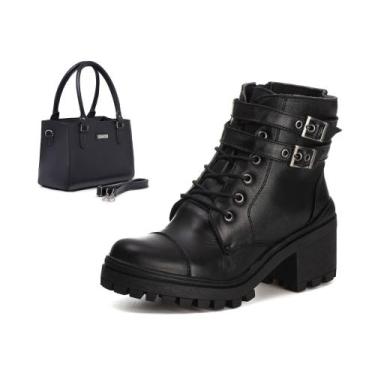 Imagem de Kit Bota Coturno Feminino Tratorado E Bolsa Tote Grande - Bawmi, Preto