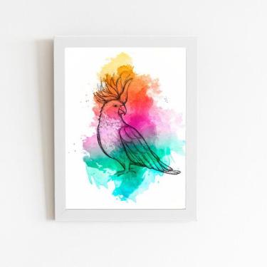 Imagem de Calopsita Aquarela Pássaro Ave Quadro Moldura Branca 60x40cm - Plimsho