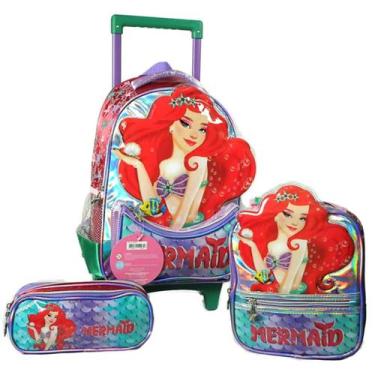 Imagem de Kit3 Mochila rodinha Lancheira Estojo da Sereia Mermaíd - Denlex, Verm