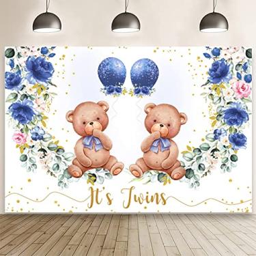 Imagem de AIBIIN 2,1 x 1,5 m Twin Bear Boy Baby Shower Backdrop It'S Twins Azul Marinho Floral Decoração Festa de Aniversário Fundo Fotografia Recém-Nascido Tema Revelação de Gênero Decoração Mesa de Bolo Banner Estúdio Suporte para Cabine Fotográfica