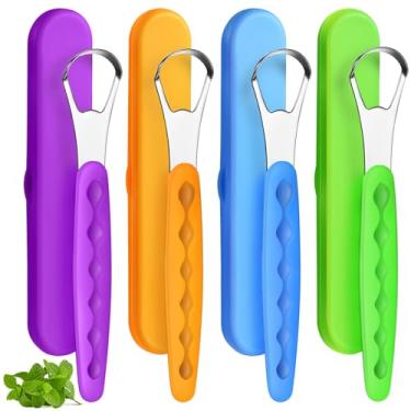 Imagem de 4 peças de limpador de língua, adultos e crianças, escova de língua de aço inoxidável, raspador de metal, reduz o mau hálito com estojos de viagem para homens e mulheres boca oral (roxo, laranja, azul