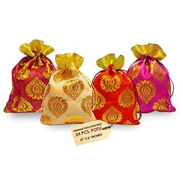 Imagem de Craftsman 24 Pc Big Size (9x6 Inch) Designer Potli Organza Pouch Favour Bags, Dry Fruit Diwali Gift Packaging Bag Handmade Premium Fabric With Random Design indian Housewarming Return Gift Items Bulk