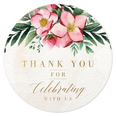 Imagem de Etiquetas de agradecimento de casamento floral rosa fúcsia Thank You for Celebrating with Us | 5 cm | Folha dourada | 60 peças de etiquetas à prova d'água para casamento, chá de panela, chá de bebê