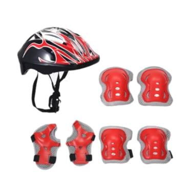 Imagem de rockible Capacete de bicicleta infantil com cotoveleiras, capacete leve de bicicleta com protetores de pulso para patins em linha, esportes ao ar livre, Preto Vermelho